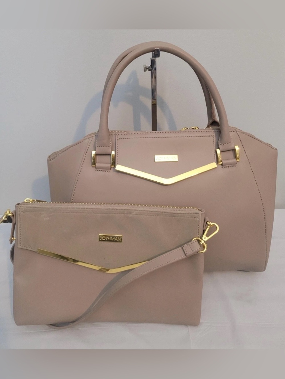 Joy & Iman Taupe Leather Satchel & Crossbody Bag - 2 Piece Set